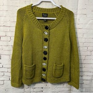 Pure Handknit Sweater Medium Large Line Green Cardigan Jewel Embellished Buttons